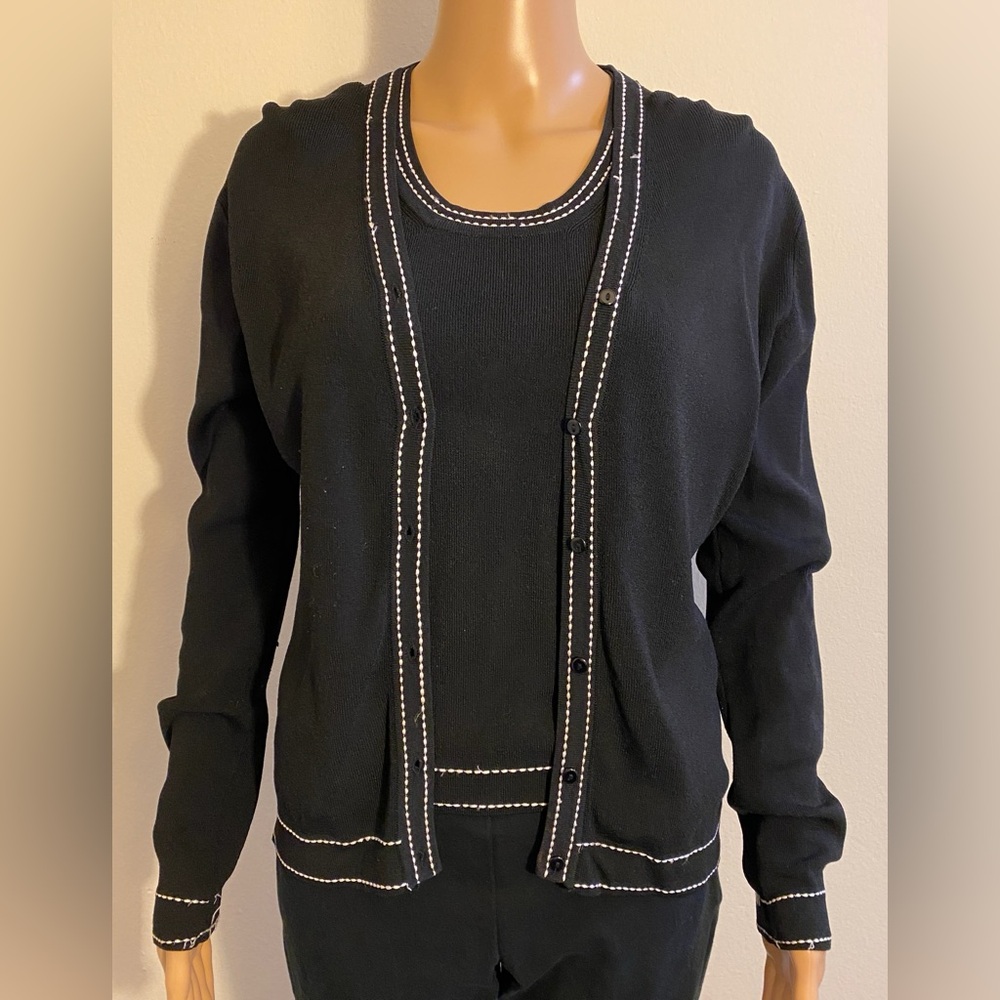 Finity Black w/ White Trim Long Sleeve Cardigan & Sleeveless Tank Sweater Set